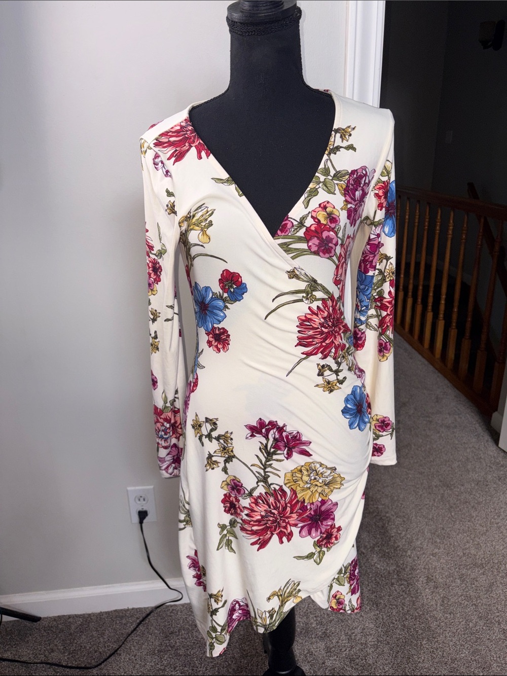 SHEIN Ivory Floral Wrap-Style Long Sleeve Dress